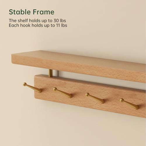 Solid Wood Wall Hooks with Shelf, Coat Rack Wall Mount, Entryway Hanging Shelf with 7 Brass Hooks for Hats, Clothes, Towels, Bags, Beech Wood, Natural - Image 4