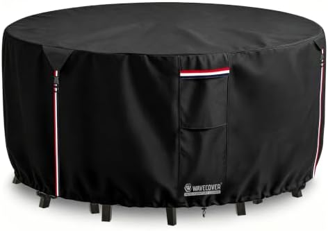 42 Inch Round Patio Table Cover, 600D Heavy Duty Waterproof Outdoor Furniture Cover — Fits Round Patio Table for Patio Furniture 42"Dia x 28"H, All Weather Protection, Black by Wavecover