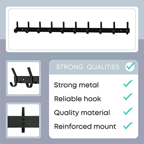 Coat Rack Wall Mount – 30 Inch Stainless Steel Hook Rail with 10 Double Coat Hooks for Hanging – Wall Mounted Entryway Organizer for Coats, Hats, Bags, Towels, Robes, Bedroom or Bathroom - Black - Image 3