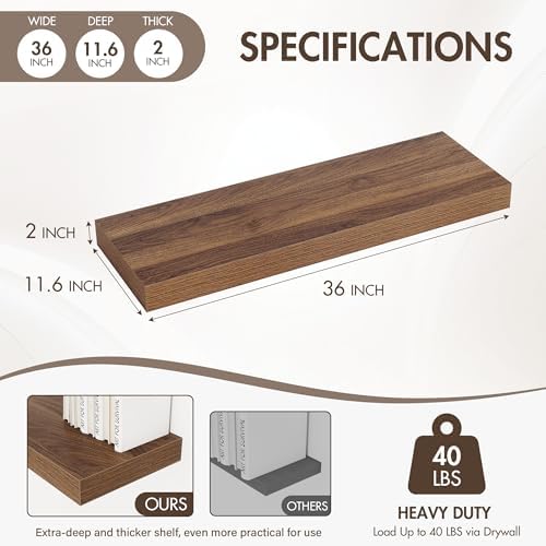 Acovy 36 Inch Floating Shelves, 12" Deep Floating Shelf Wall Mounted, 36" Wall Shelves, Rustic Deep Bookshelf, Extra Deeper & Thicker Display Shelves for Bedroom, Living Room, Walnut, Set of 2 - Image 4