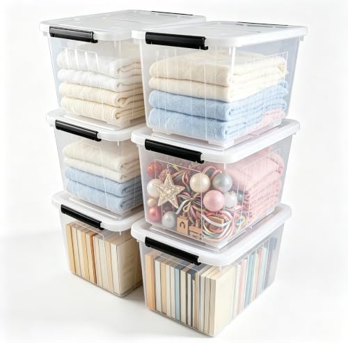 6-Pack 30 Quart Stackable Clear Plastic Storage Bin with Lid & Wheel by Xeabia
