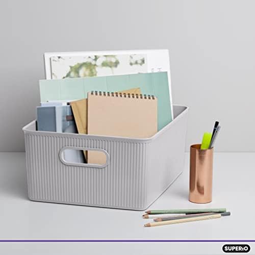Superio Ribbed Collection - Decorative Plastic Basket Open Home Storage Bins Organizer, Large White Smoke (4 Pack) Container Boxes for Organizing Closet Storage Bins for Shelves 15 Liter/16 Quart - Image 3