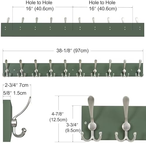 SKOLOO Creations Forest Green Solid Wood Wall Mounted Coat Rack, 10 Hooks, 38-1/8" Long - Kitchen, Mudroom, Entryway, Bathroom - Includes Mounting Hardware, Wall Coat Hanger, Towel Rack, Pack of 2 - Image 2