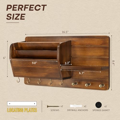 Rebee Vision Pine Wood Key Holder Wall Mount with Mail Sorter, Light Brown - Image 2