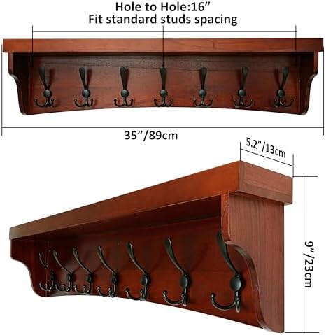 WEBI Wall Shelf with Hooks Underneath,35" Long Coat Rack Wall Mount with Shelf,Entryway Coat Rack with 7 Triple Hooks for Hanging Coats,Jacket,Bathroom,Cherry - Image 6