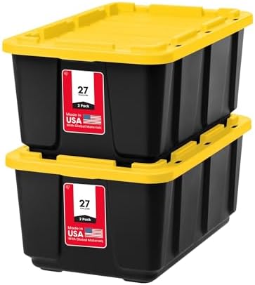 IRIS USA 2-Pack 27 Gal Heavy Duty Storage Tote Bins with Lids, Black/Yellow by IRISUSA