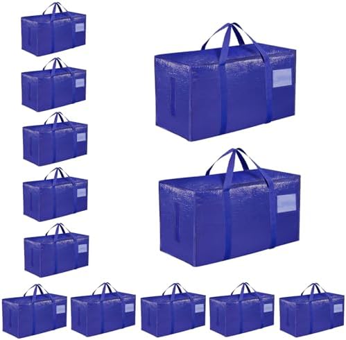 12 Pack-Extra Large Heavy Duty Moving Bags - Waterproof Storage Totes with Handles & Zippers, Foldable for College Dorm, Storage (Blue) by Unknown