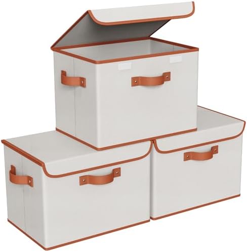 Univivi Fabric Storage Bins with Lid, Stackable Storage Box, Beige, 3 PCS by Univivi