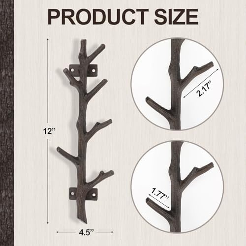 12" Cast Iron Tree Branch Vertical Coat Hat Rack Wall Mount Heavy Duty Decorative Coat Hook Rustic Hanger for Coats Bags Hats Key Entryway Bedroom Hallway Bathroom Storage (Rust Color,2 Pcs) - Image 3