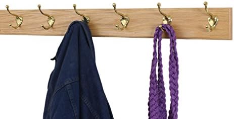 Solid Oak Coat Rack with Solid Brass Hat and Coat Style Hooks - Made in The USA (Natural, 30.5" x 3.5" with 6 Hooks) - Image 2