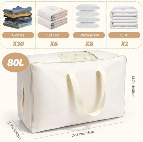 Soft Large Canvas Storage Bags with Zipper. Thick Breathable. Four Carrying Handles and Window. Cotton Linen Storage for Pillows, Quilt, Blankets and Comforter, 80L, Beige - Image 2