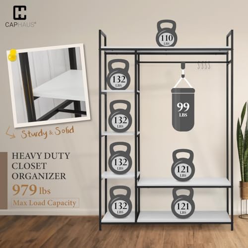 CAPHAUS 979lbs Capacity Garment Rack for Hanging Clothes, Heavy Duty Open Wardrobe w/Hanging Rods & Fabric Drawers, Free Standing Closet Organizer, Metal Closet Rack w/White Wooden Shelves - Image 3