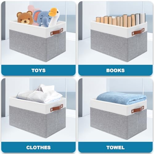 6 Pack Large Fabric Storage Baskets with Handles (White with Grey,15" L*13" W*13" H) - Image 4