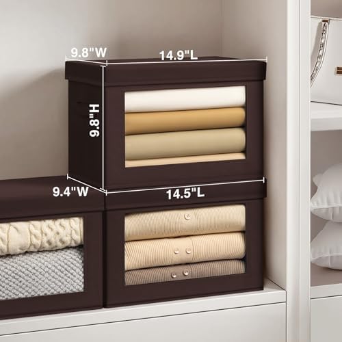 Homsorout Stackable Storage Bins with Lids - Medium Storage Box with Lids, Foldable Closet Boxes for Organizing, Wardrobe Clothes Organizer with Window, Cubes Bins for Living Room, 5 Pack, Brown - Image 3