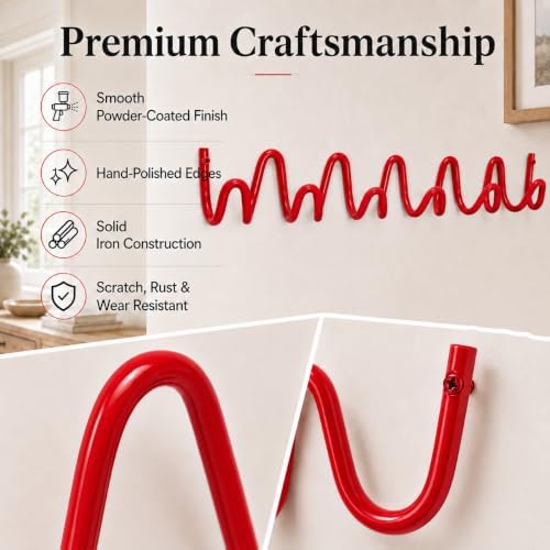 Coat Rack Wall Mount, Modern Wave Metal Wall Hooks, 6 Hooks, Red - Image 6