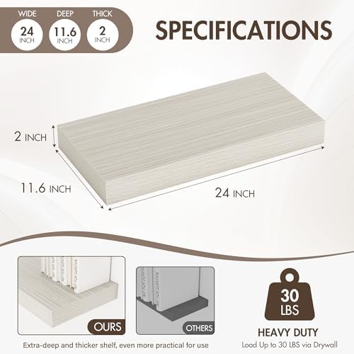Acovy 24 Inch Floating Shelves, 12" Deep Floating Shelf Wall Mounted, 24" Wall Shelves, Rustic Deep Bookshelf, Extra Deeper & Thicker Display Shelves for Bedroom, Living Room, Gray, Set of 2 - Image 4