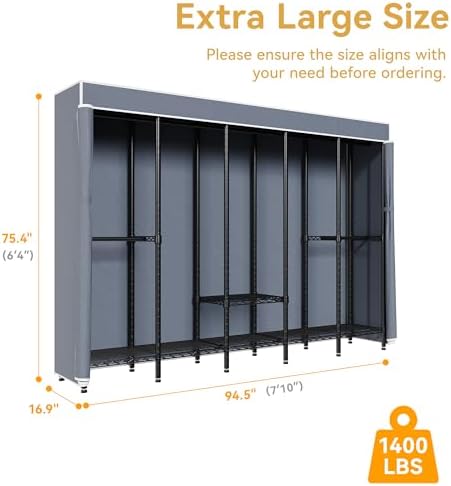 Higeego Heavy Duty Clothes Rack, H5C Large Clothing Rack with Grey Cover - Image 5