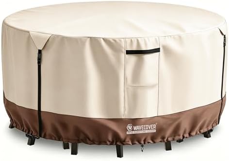 48 Inch Round Patio Table Cover, 600D Heavy Duty Waterproof Outdoor Furniture Cover — Fits Round Patio Table for Patio Furniture 48"Dia x 28"H, All Weather Protection, Beige by Wavecover