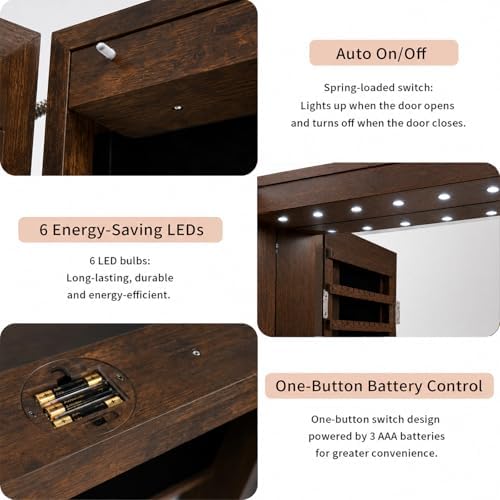 6 LEDs Mirror Jewelry Cabinet, Over the Door Jewelry Organizer with Full Length Mirror, Wall Mounted or Door Hanging Jewelry Box with Storage - Image 6