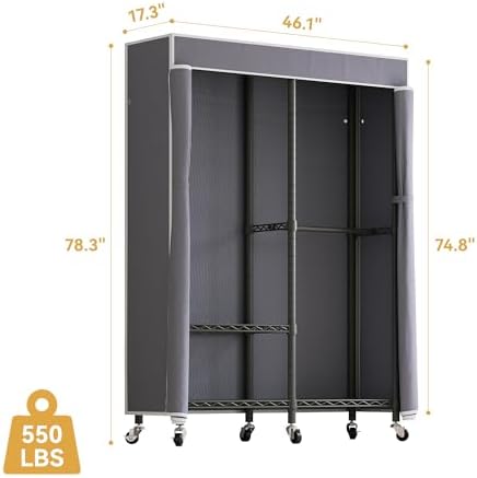 Higeego H9 Heavy Duty Rolling Clothes Rack with Cover, Covered Garment Rack with Wheels and Shelves, Wardrobe Closet, Portable Closet for Hanging Clothes, Black Clothing Rack with Grey Cover - Image 5