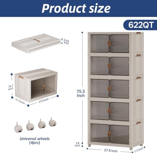 SAILUN Stackable Storage Bins with Lid, 622QT 5 Pack Beige - Image 2