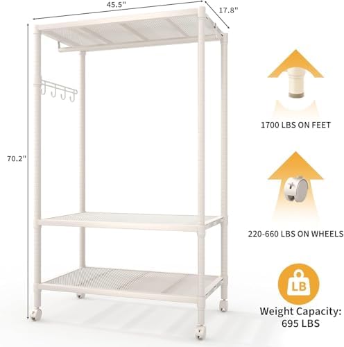 Rolling Clothing Rack Metal Wardrobe Rack 695LBS with Shelves White - Image 3