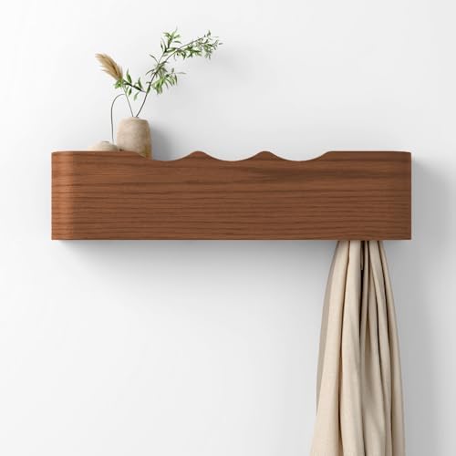 Coat Rack Wall Mount with Hidden Hooks, Wall Hooks with Shelf, Wall Key Holder Mount Wooden Shelf Entryway Hooks for Bedroom Bathroom for Hanging Coats Hats Bags Towels (Walnut Wave-Shape, 4 Hooks) by Nevsokio