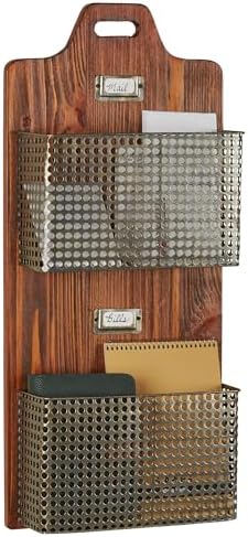 Sawyer Vertical Wall Organizer - Mission Red Oak - Handcrafted - Wooden Back, Metal Baskets - Vintage Hanging Organizer - Two Tier Basket for Mail, Paper, Letters - 26 Inches High Vertical by TouchofClass
