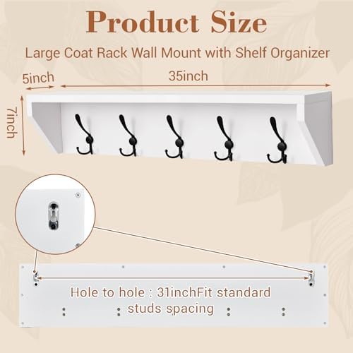 Geelin 35 Inch Wall Shelf with Hooks and Shelf Organizer Wall Mount Coat Rack with 5 Triple Hooks for Hanging for Entryway, Hallway, Bathroom, Living Room, Bedroom, White - Image 2