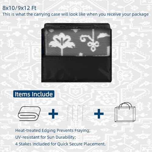 GAOMON 8x10 Grey Outdoor Rug Waterproof Boho Vintage Reversible Plastic Straw Rug Mat UV-Resistant Foldable Retro Medallion Camping Indoor Outdoor Carpet for Patio RV Deck Balcony Picnic, Grey White - Image 6