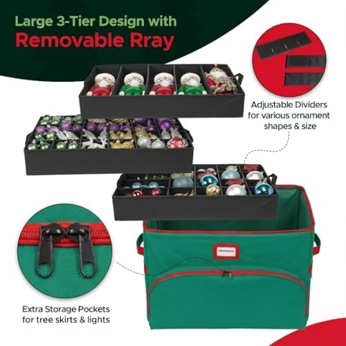Christmas Nutcracker and Figurine Collectible Storage Box - Holds Up to 72 Ornaments 4” x 4” - Top Adjustable Compartments for Figurines, Nutcrackers, etc - Heavy Duty 600D/ Inside PVC Material, Green - Image 6