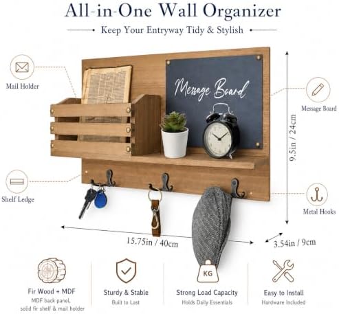 Key Holder for Wall, Mail Organizer Wall Mount, Chalkboard & 3 Double Hooks - Image 3