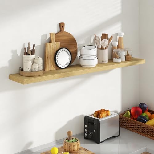 Acovy 55 Inch Floating Shelves, 8 Inch Deep Floating Shelves for Wall, Hanging Shelf with Invisible Brackets, Deep Shelves for Bathroom, Bedroom, Living Room, Oak, Set of 1 - Image 2