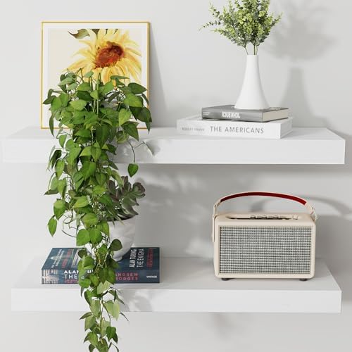 Axeman Floating Shelves, 2 Pack 8 Inch Deep Rustic Solid Wood Wall Shelves for Storage, Wall Mounted Display Shelving with Invisible Heavy-Duty Metal Bracket, 24" W x 8" D x 1.6" H, Distressed White - Image 6