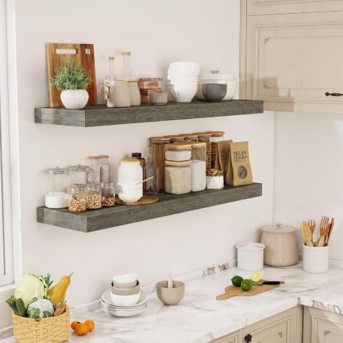 Acovy 48 Inch Floating Shelves, 12" Deep Floating Shelf Wall Mounted, 48" Wall Shelves, Rustic Deep Bookshelf, Extra Deeper & Thicker Display Shelves for Bedroom, Living Room, Set of 2 - Image 2