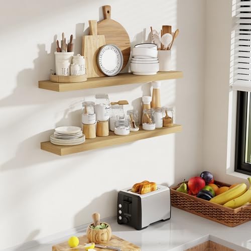 Acovy 36 Inch Floating Shelves, 8 Inch Deep Floating Shelves for Wall, Hanging Shelf with Invisible Brackets, Deep Shelves for Bathroom, Bedroom, Living Room, Oak, Set of 2 - Image 2