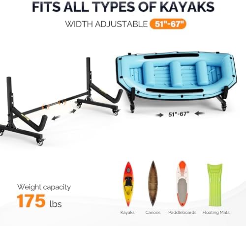 Bonnlo Kayak Stand Freestanding Storage Rack for Kayak Canoe Boat Paddle Board SUP Surfboard for Indoor Outdoor Garage, Shed, Dock with Lockable Wheels Wide Adjustable - Image 4