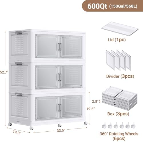 BROVIEW 600 Qt Stackable Storage Bins Foldable Cabinet, V40 White 3-Pack - Image 2