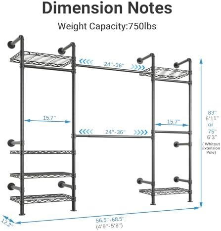 Timate F3 Medium Wall Mounted Clothes rack Expandable Closet, Industrial Pipe Clothing Rack for Hanging Clothes, Heavy Duty Clothes Rack with Shelves, Garment Rack Wall Closet System Black Pipe Closet - Image 4