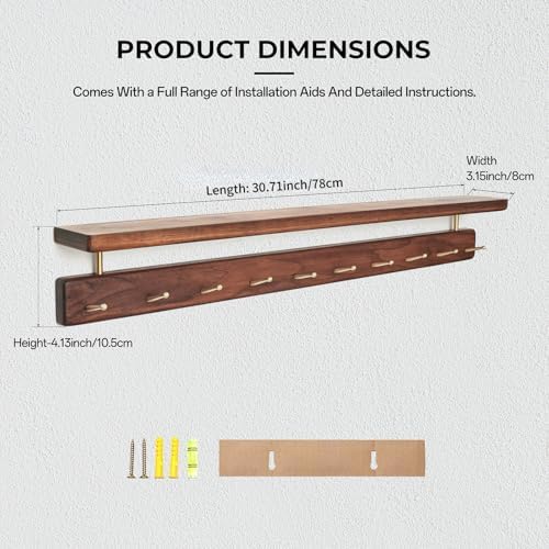 Walnut Wood Coat Rack with Shelf, Wall Mounted Rack with 10 Hooks - Image 6