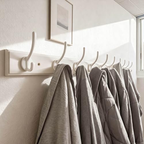 WEBI Coat Rack Wall Mount,10 Hooks,38 1/4" Long,Coat Hooks Wall Mounted,Bamboo Coat Hanger Wall Hook Rack,Jacket Hooks for Hanging Coats,Clothes,White - Image 2
