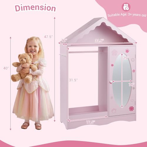 Costzon Kids Dress Up Storage with Mirror, Roofed Wardrobe Closet with Open Hanging Rack, Shelves & Hooks for Children, Kids Armoire & Costume Organizer for Bedroom, Playroom (Pink) - Image 6
