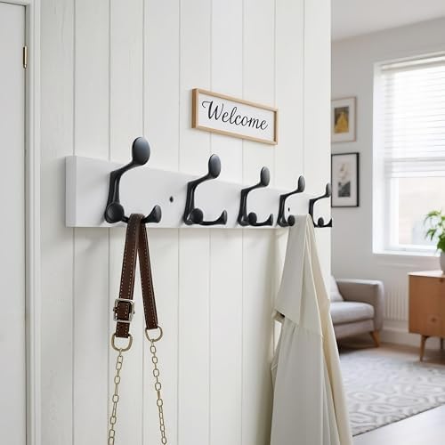 WEBI Coat Rack Wall Mount,30" Solid Wood Coat Hooks Wall Mounted Coat Hanger,16" Hole to Hole,Heavy Duty Hook Rack Rail,5 Triple Hooks for Hanging Coats,Jacket,Clothes,Hat,Backpack,White - Image 2
