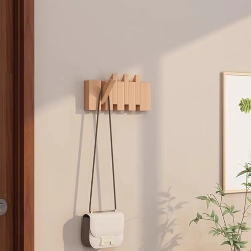 Coat Rack Wall Mount, Wooden Coat Rack, Piano Key Coat Rack, 4 Hooks Flip Down Wall Hook Rack, Beech - Image 3