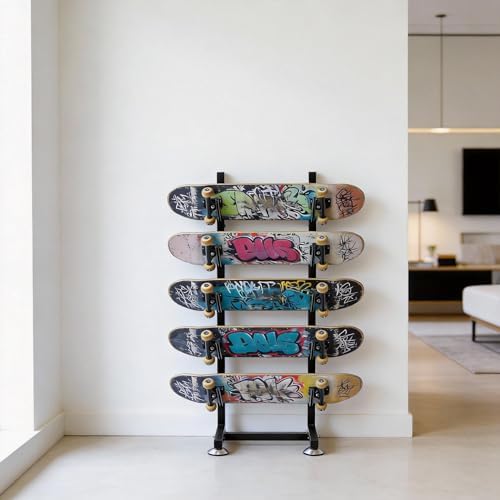 5-Tier Metal Skateboard Rack Floor Stand, Heavy-Duty Skateboard & Snowboard Storage Display for Decks, Longboards, Small Cruisers, Freestanding Board Organizer for Garage, Bedroom & Skate Shop by FJANKUI
