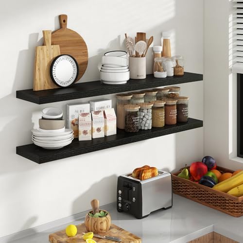 Acovy 48 Inch Floating Shelves, 8 Inch Deep Floating Shelves for Wall, Hanging Shelf with Invisible Brackets, Deep Shelves for Bathroom, Bedroom, Living Room, Black, Set of 2 - Image 3