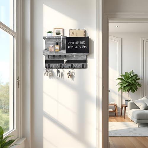 Key Holder Wall Mount with Shelf, Key Hooks for Wall, Washed Gray - Image 3