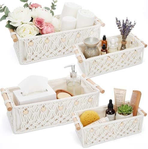 Vesici 4 Pcs Boho Macrame Baskets Shelves 13" 11" White Wood Handles by Vesici