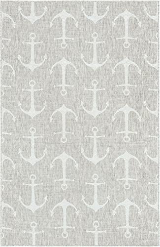 Unique Loom Outdoor Coastal Collection Area Rug - Ahoy (5' 3" x 7' 10" Rectangle, Gray/ Ivory) - Image 3
