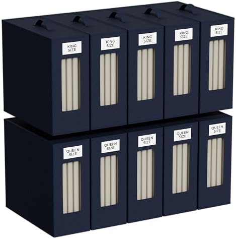 TIMBLE Bed Sheet Organizers & Storage, 10 Pack for King, Queen & Large Sheet Sets, Closet Organizer for Linens, Clothes, Blankets & Bedding, Foldable Fabric Bins with Handle, Name Tag & Window (Navy) by Unknown